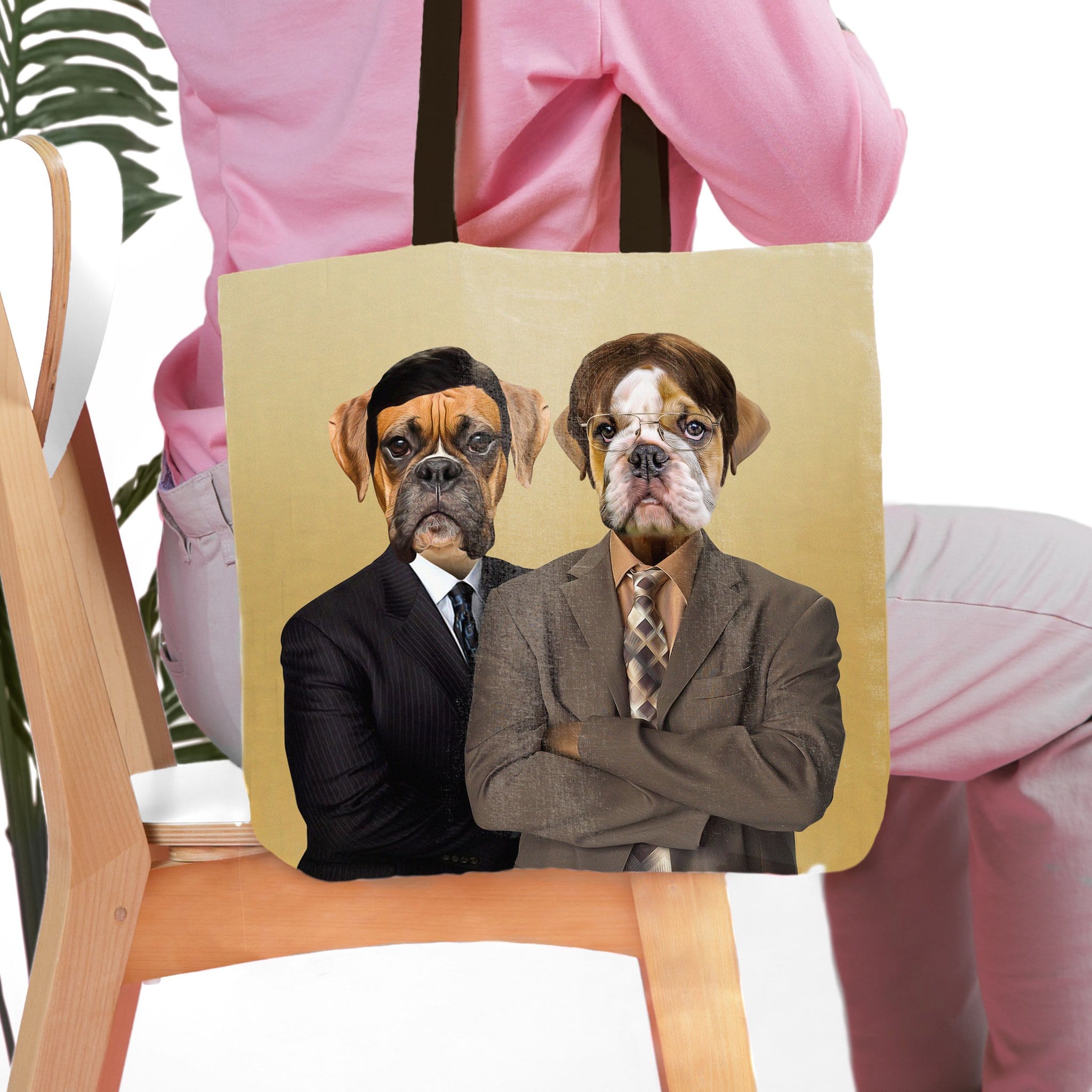 Personalized 2-pet tote bag with custom dog portraits in business suits on a beige canvas.