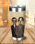 Personalized 2-pet stainless steel tumbler with custom dog portraits in business suits.