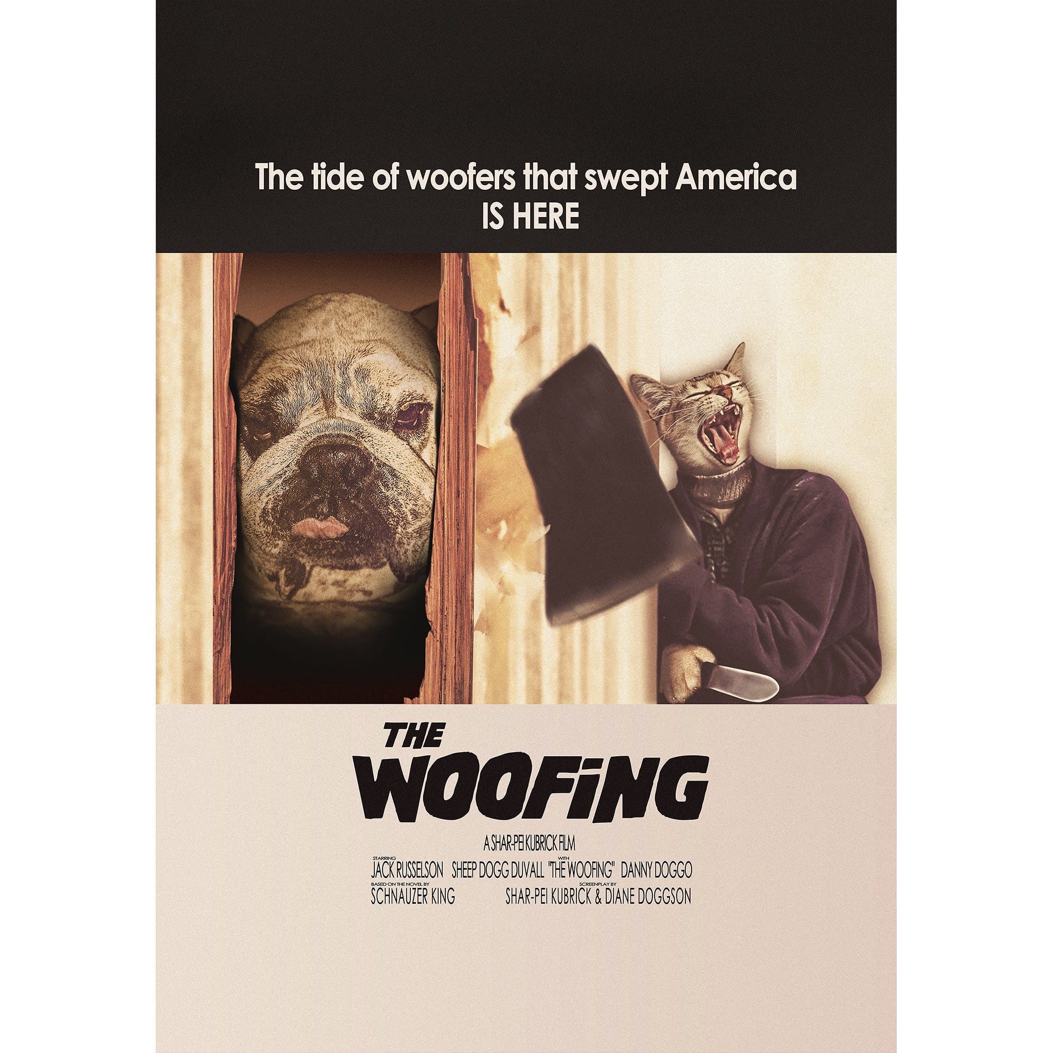Custom digital portrait of a French Bulldog and a cat in a movie poster style.