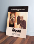 Personalized "The Woofing" canvas featuring a dog and cat in a horror movie poster style.