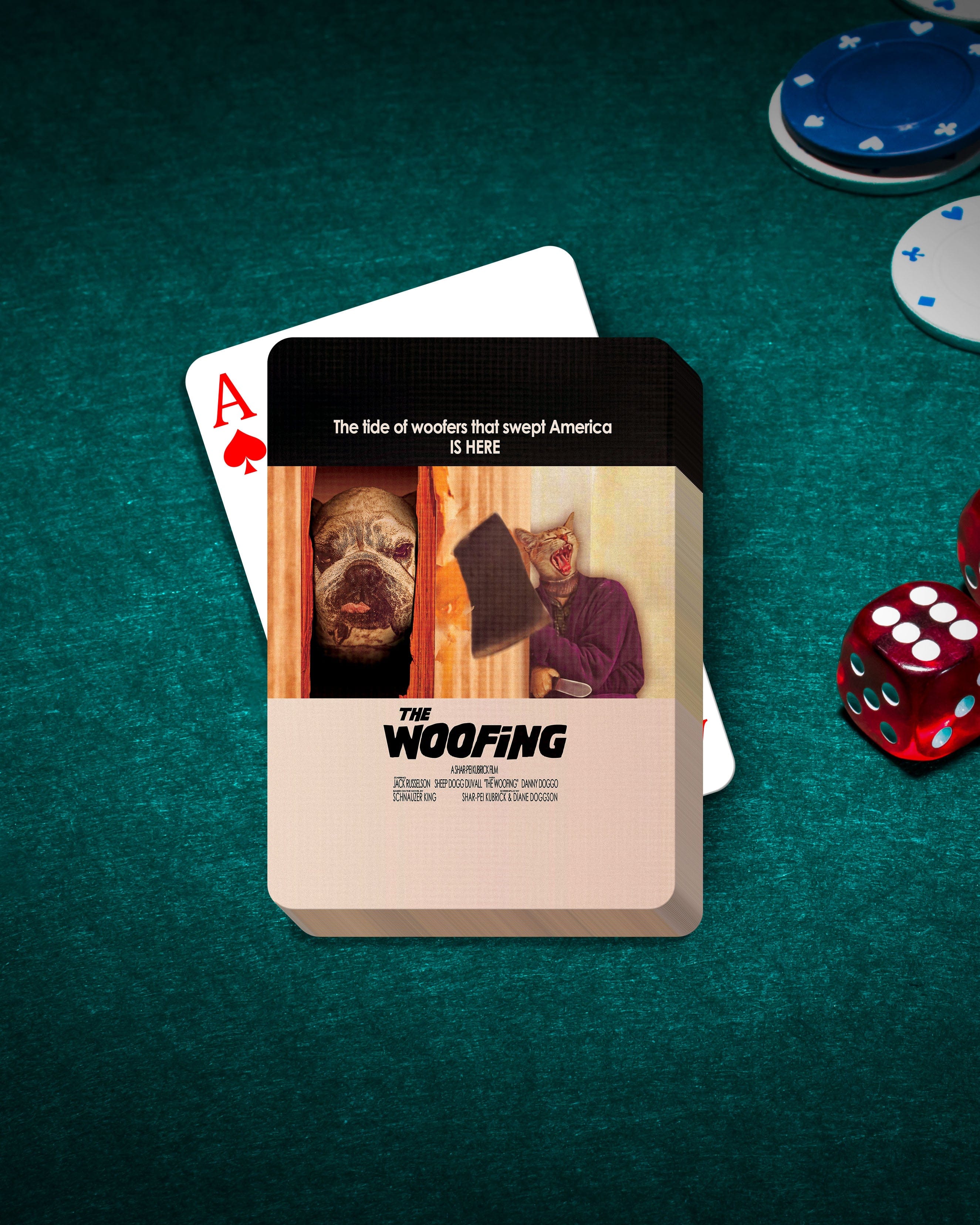 Personalized playing cards featuring custom pet portraits in a movie poster style, on a green felt table with poker chips and dice.