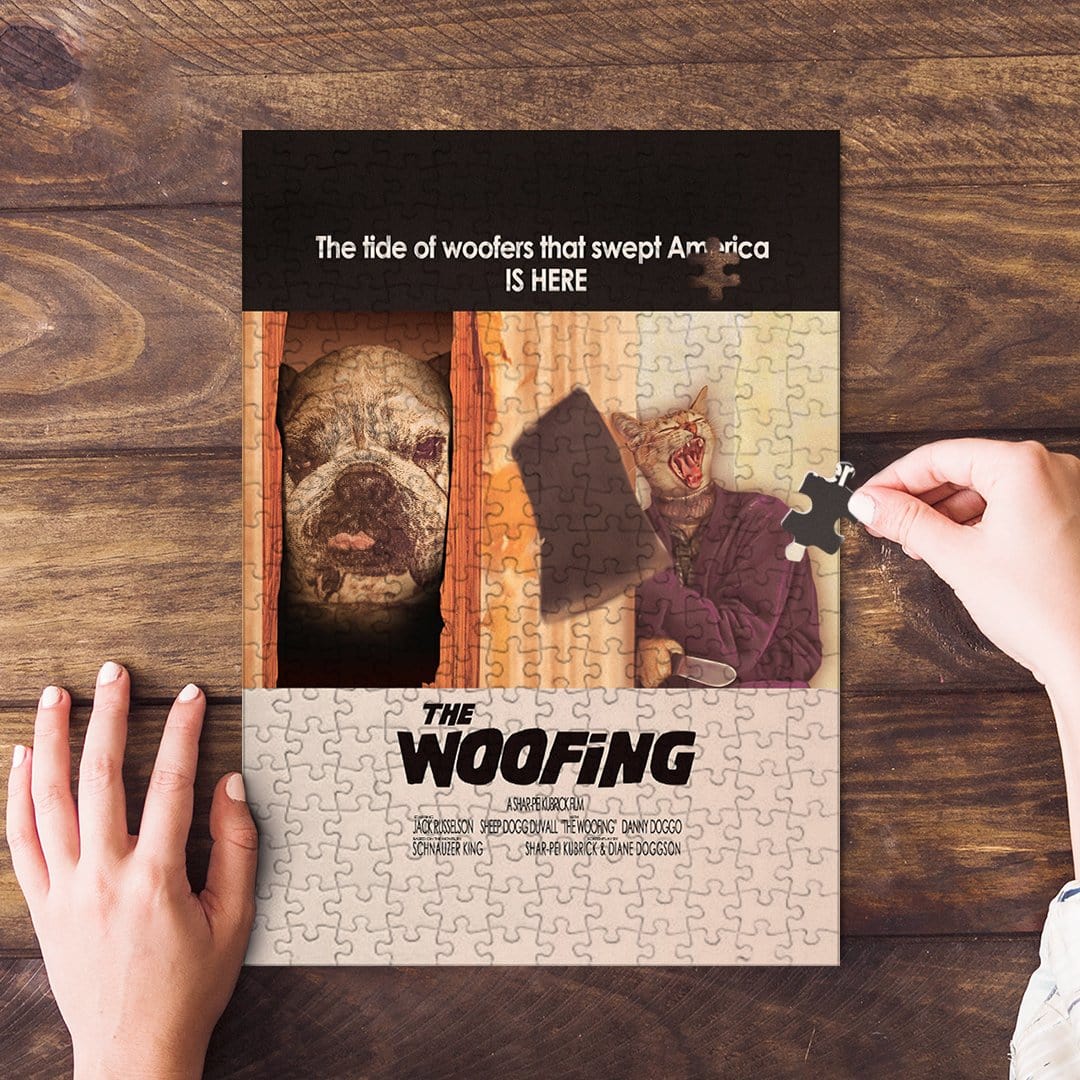 Personalized "The Woofing" puzzle featuring a custom pet portrait of a dog and a cat in a movie poster style.