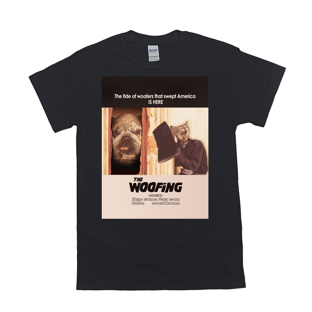 Black Gildan t-shirt with a personalized "The Woofing" movie poster design featuring a dog and cat.