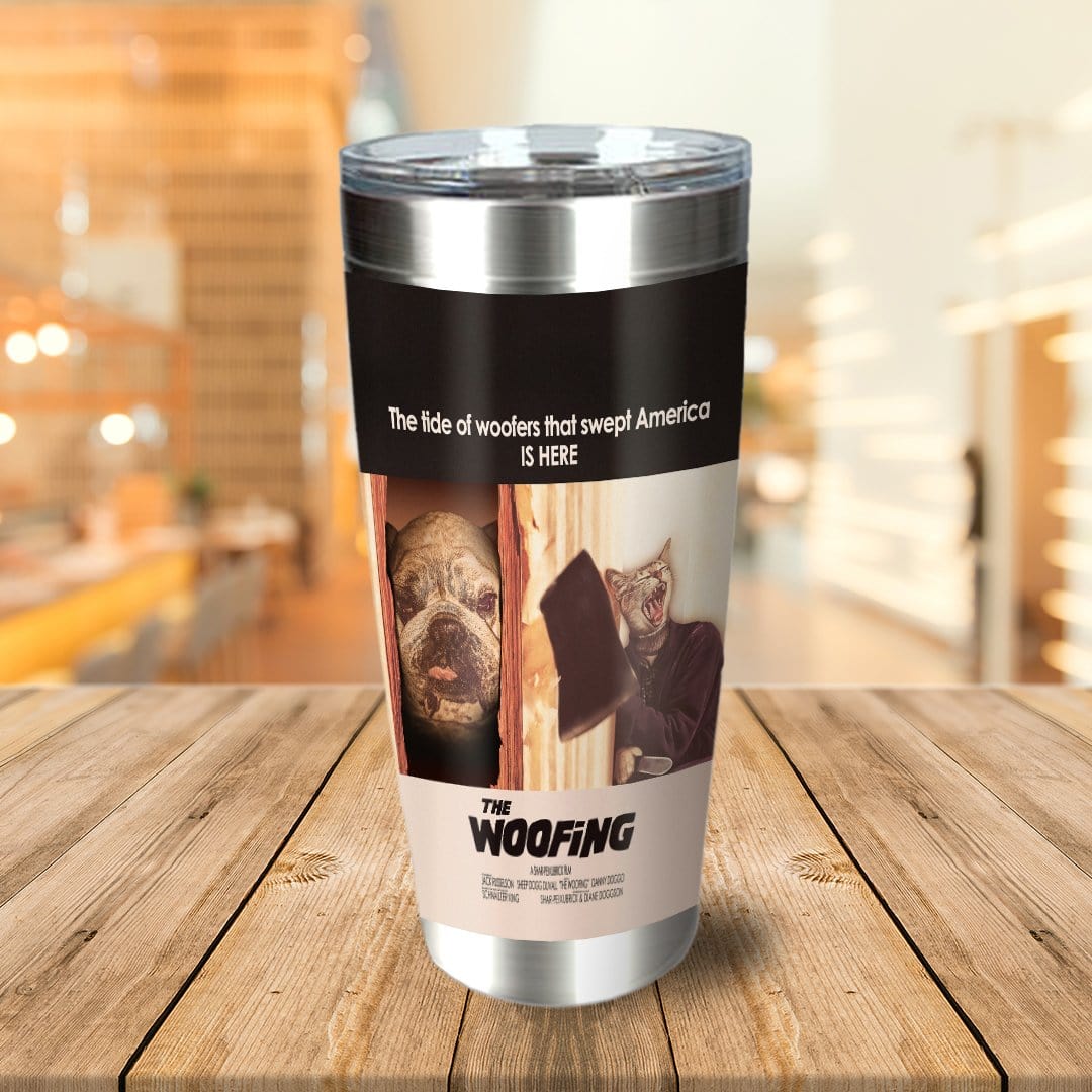 Personalized stainless steel tumbler with a custom "The Woofing" movie poster design featuring two pets.