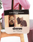 Personalized "The Woofing" tote bag with custom dog and cat portraits in a movie poster style.
