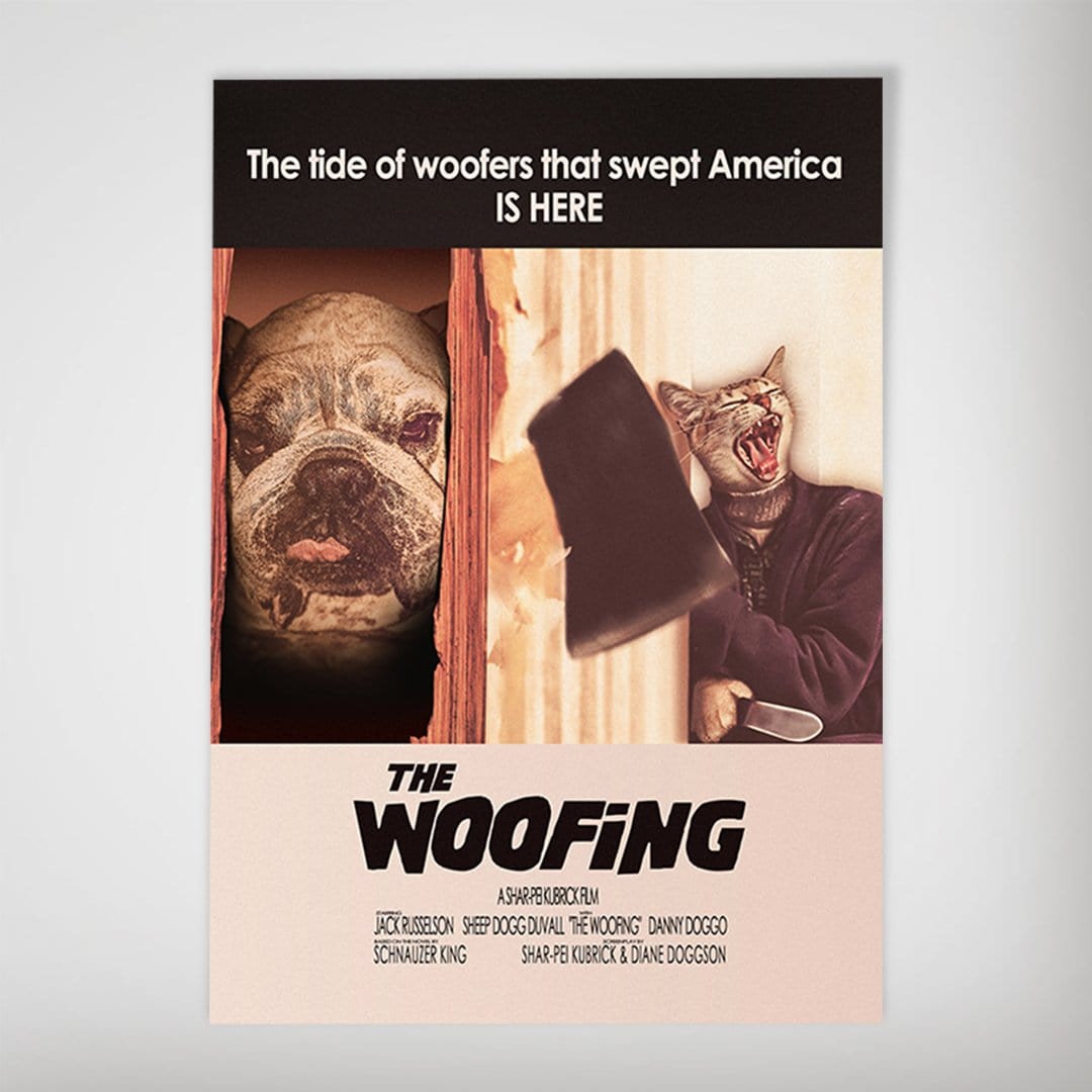 Personalized "The Woofing" movie poster featuring a dog's face in a doorway and a cat with an axe.