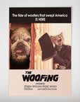 Personalized "The Woofing" movie poster featuring a dog's face in a doorway and a cat with an axe.