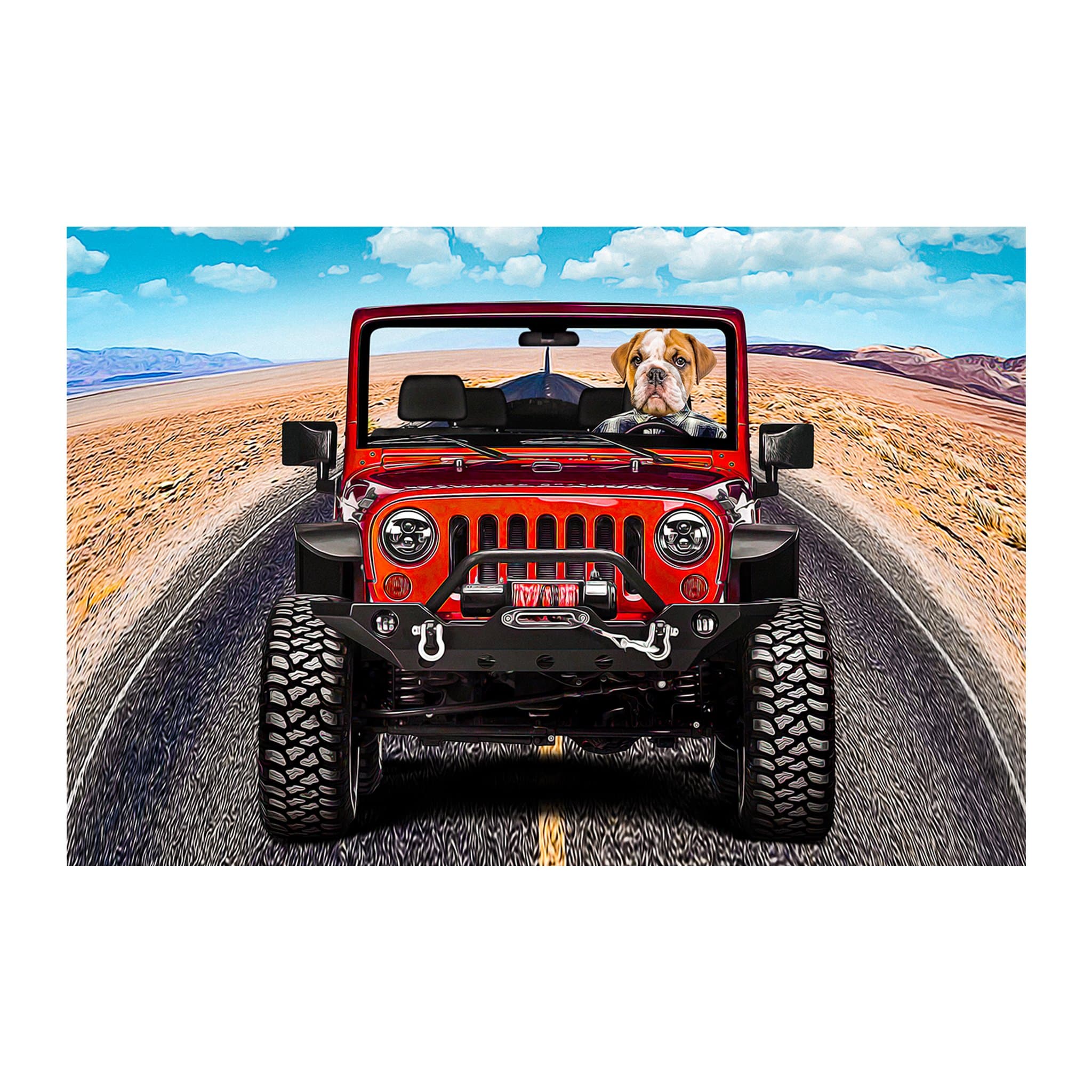 Custom digital portrait of a bulldog driving a red 'Yeep Cruiser' on a desert road.