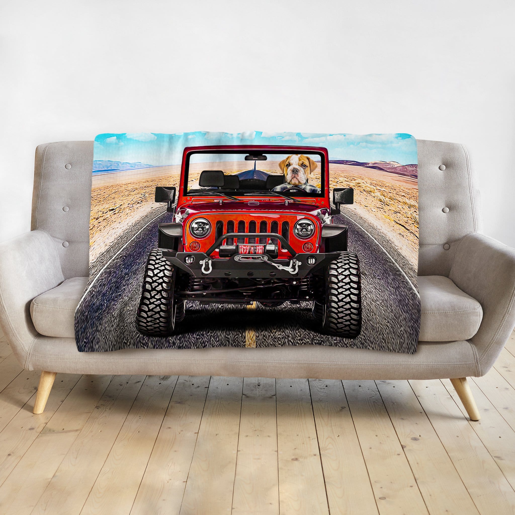 Personalized pet blanket with a bulldog driving a red Jeep on a desert road.