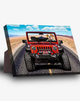 Personalized pet standing canvas featuring a bulldog driving a red 'Yeep Cruiser' on a desert road.