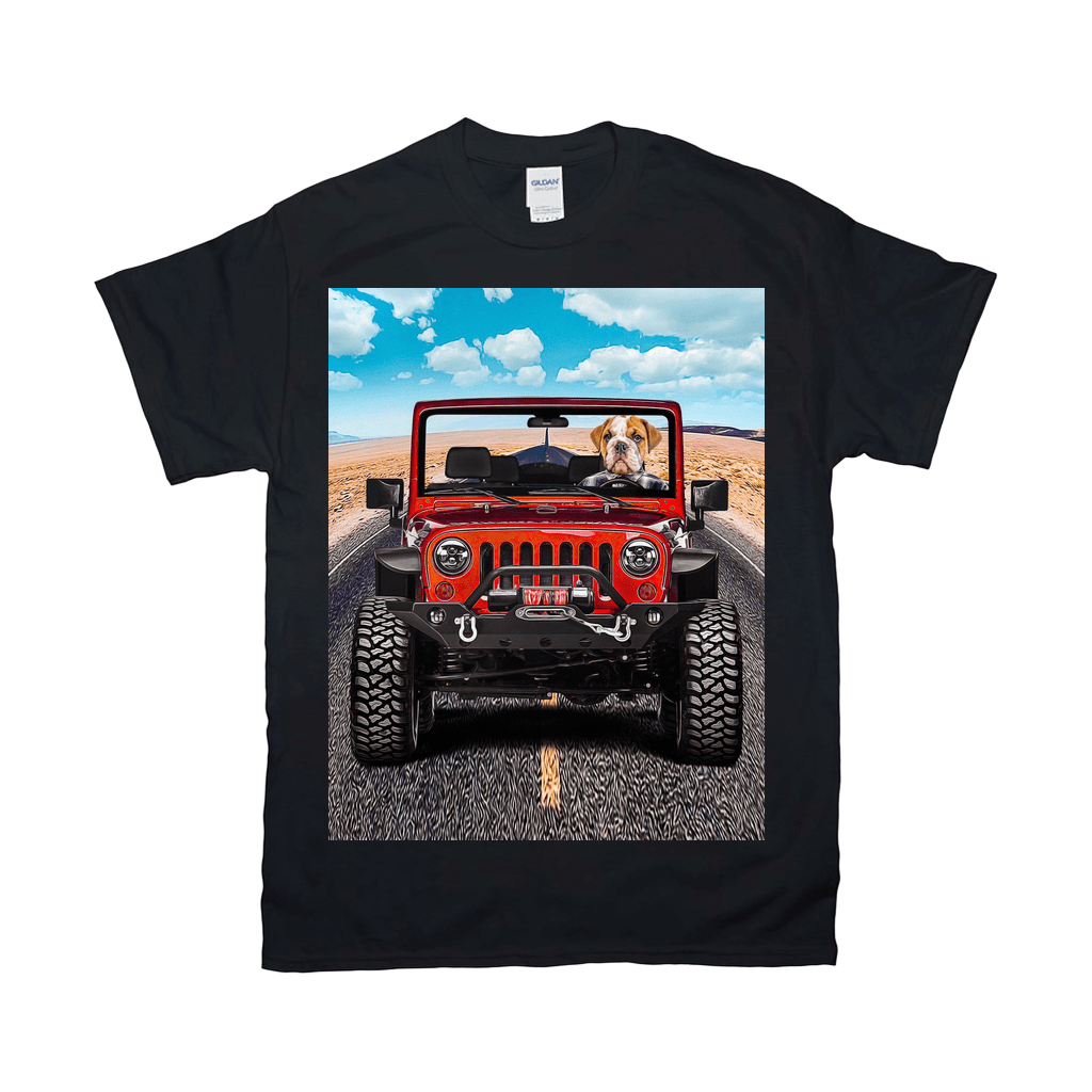 Black Gildan t-shirt with a bulldog driving a red Jeep on a desert road design.