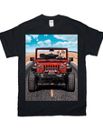 Black Gildan t-shirt with a bulldog driving a red Jeep on a desert road design.