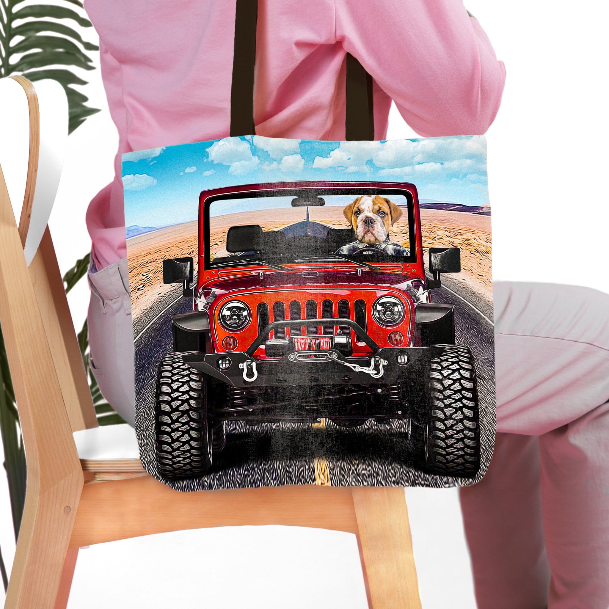 Personalized 'Yeep Cruiser' tote bag featuring a cartoon bulldog driving a red jeep.