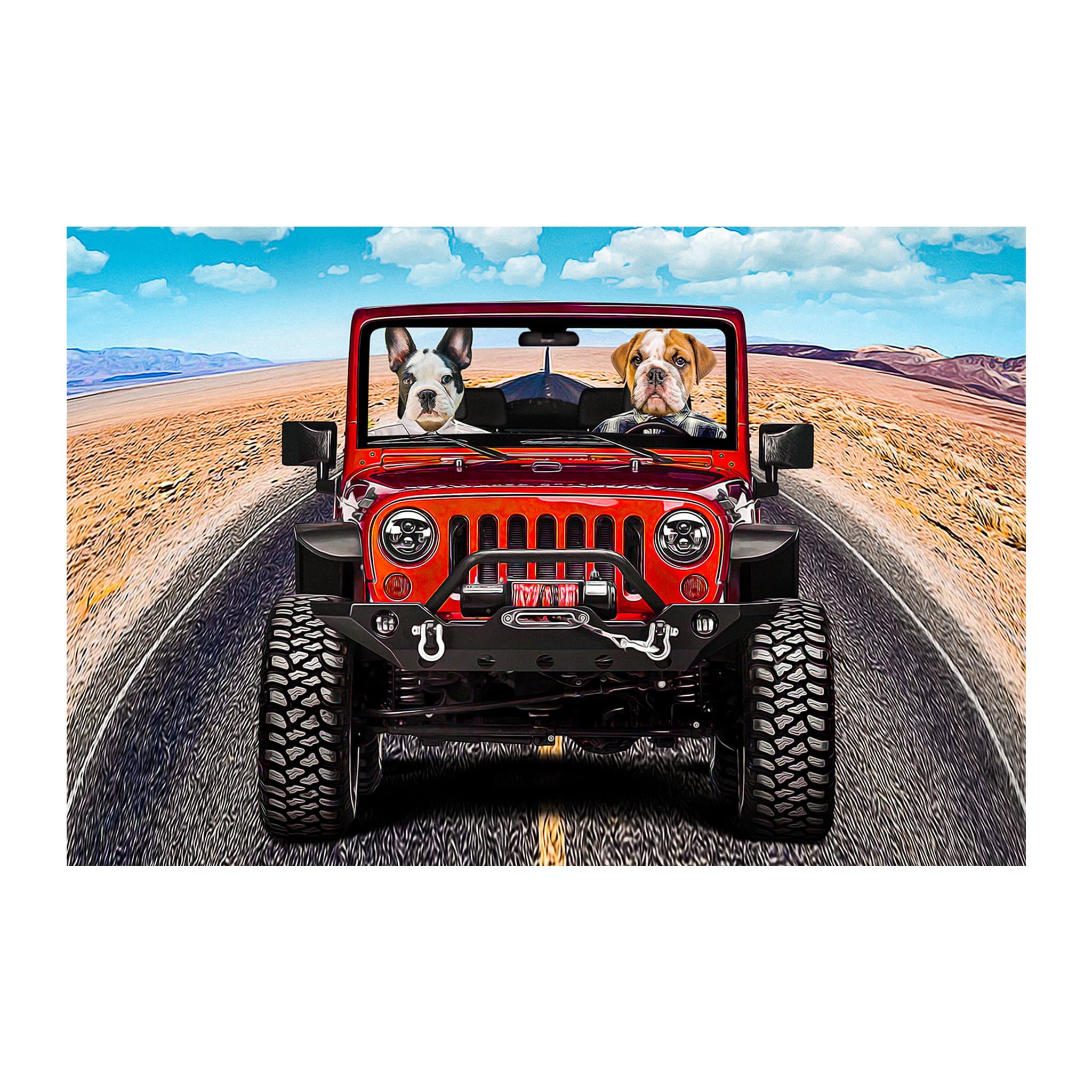 Custom digital portrait of two pets, a French Bulldog and an English Bulldog, in a red Jeep.