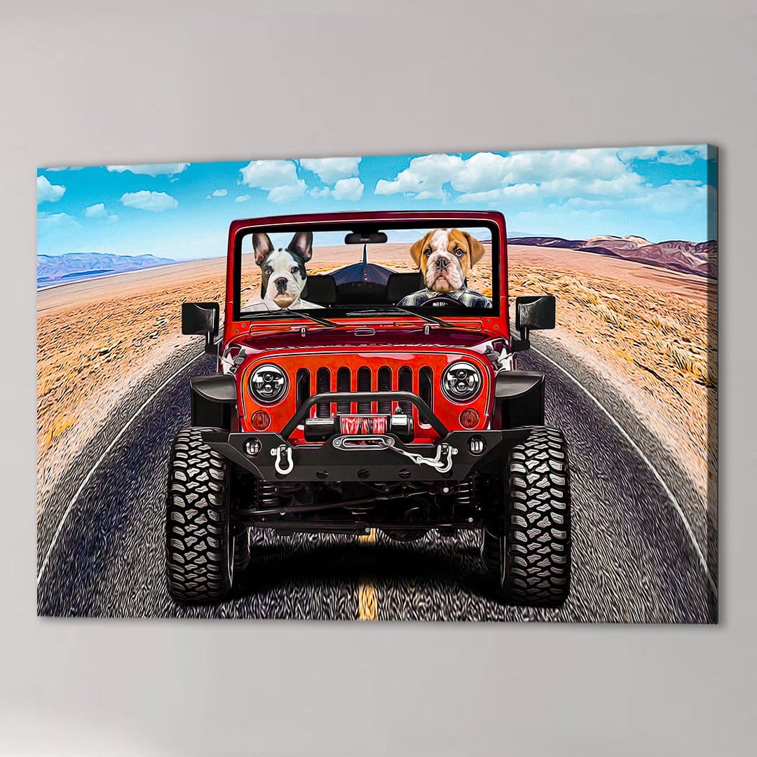 Custom canvas art: two dogs in a red Jeep Wrangler driving on a desert road under a blue sky.