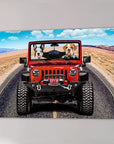 Custom canvas art: two dogs in a red Jeep Wrangler driving on a desert road under a blue sky.