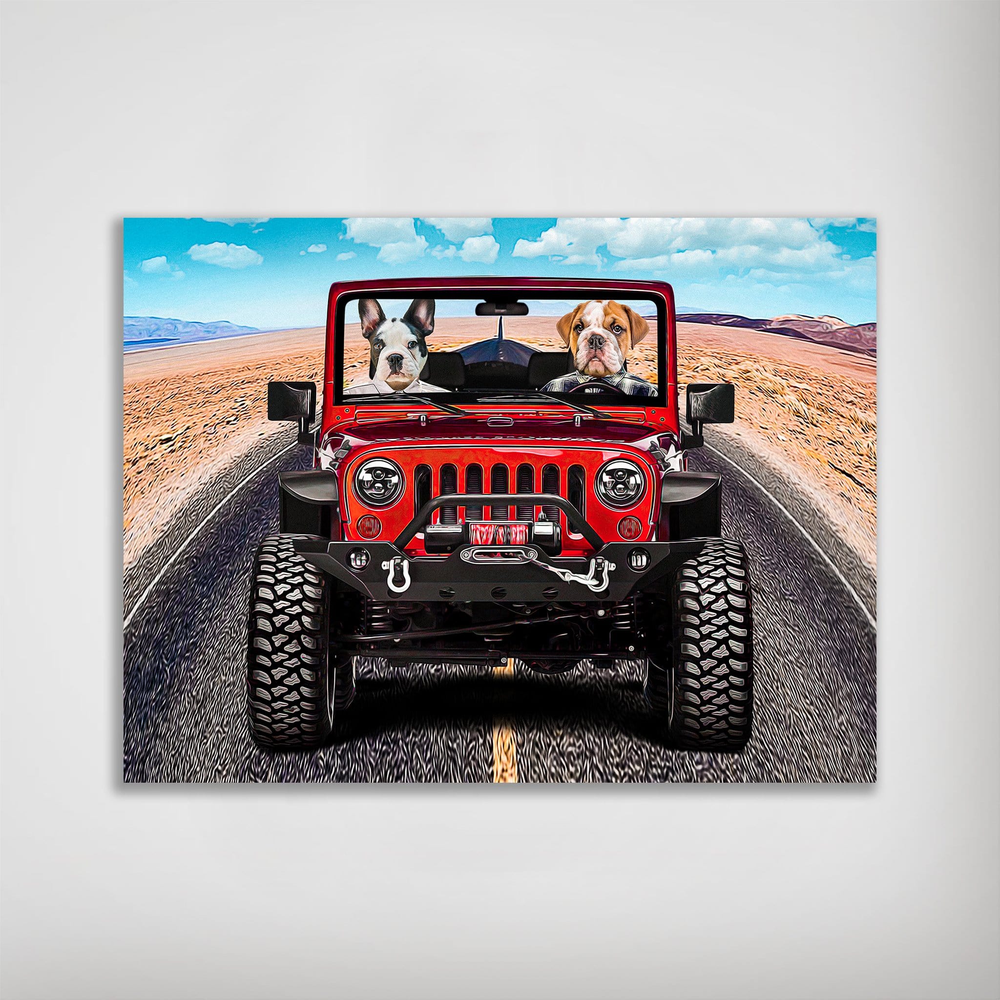 Personalized matte poster featuring two pets in a red Jeep driving on a desert road.