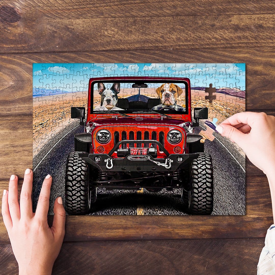 Personalized 2-pet puzzle featuring two dogs in a red jeep, with a hand placing a piece.