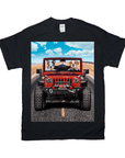 Black Gildan t-shirt with two pets, a Boston Terrier and a Bulldog, driving a red Jeep on a desert road.