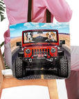 Personalized pet portrait tote bag featuring two dogs in a red jeep, desert background.
