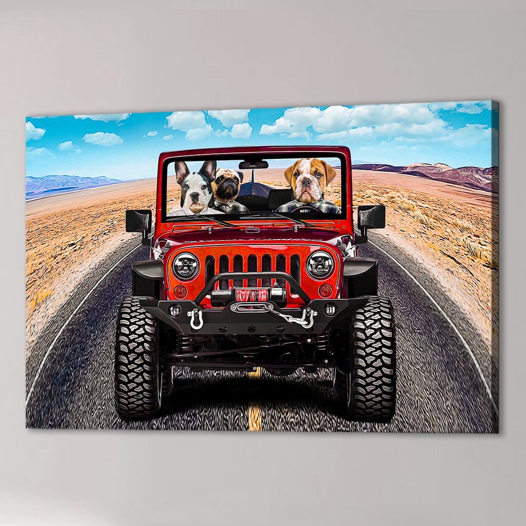 Personalized canvas print of three dogs in a red Jeep driving on a desert road under a blue sky.