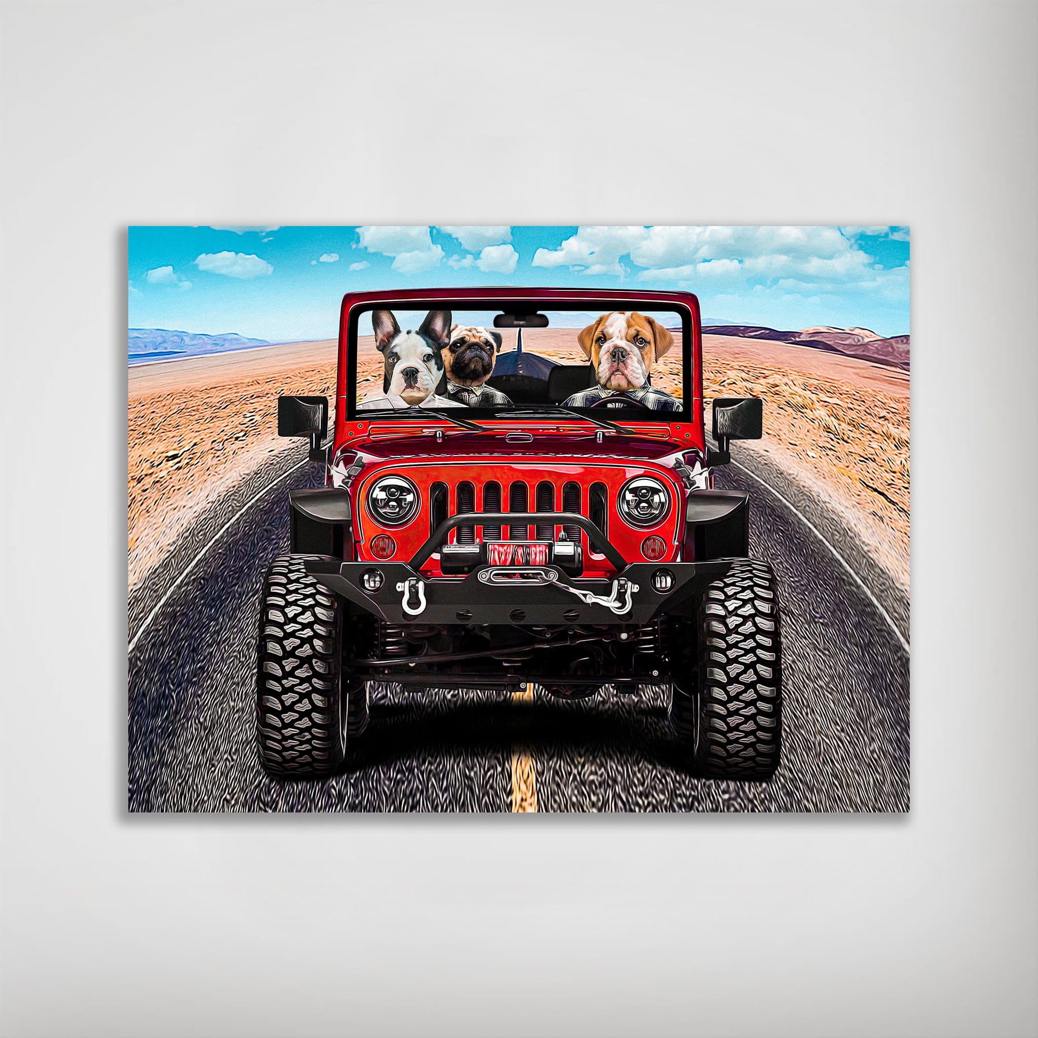 Personalized 'Yeep Cruisers' poster featuring three pets in a red Jeep on a desert road.