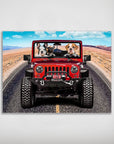 Personalized 'Yeep Cruisers' poster featuring three pets in a red Jeep on a desert road.
