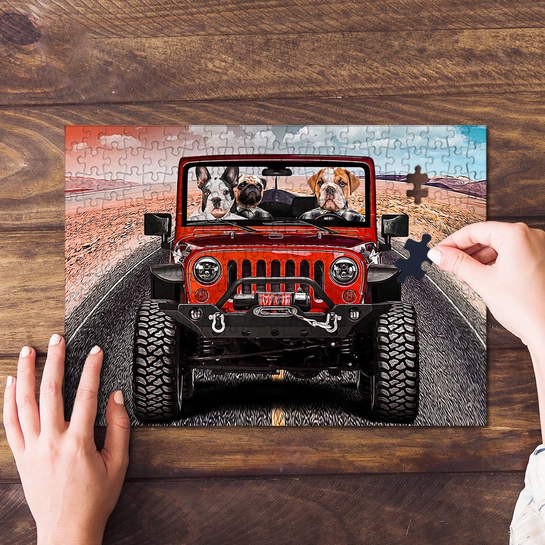 Personalized 3-pet cartoon puzzle featuring dogs in a red Jeep, with hands assembling it.