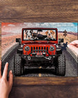 Personalized 3-pet cartoon puzzle featuring dogs in a red Jeep, with hands assembling it.