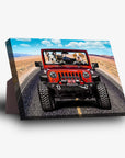 Personalized 3-pet standing canvas featuring pets in a red Jeep Cruiser on a desert road.