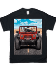 Black Gildan t-shirt with three dogs in a red Jeep driving on a desert road under a blue sky.