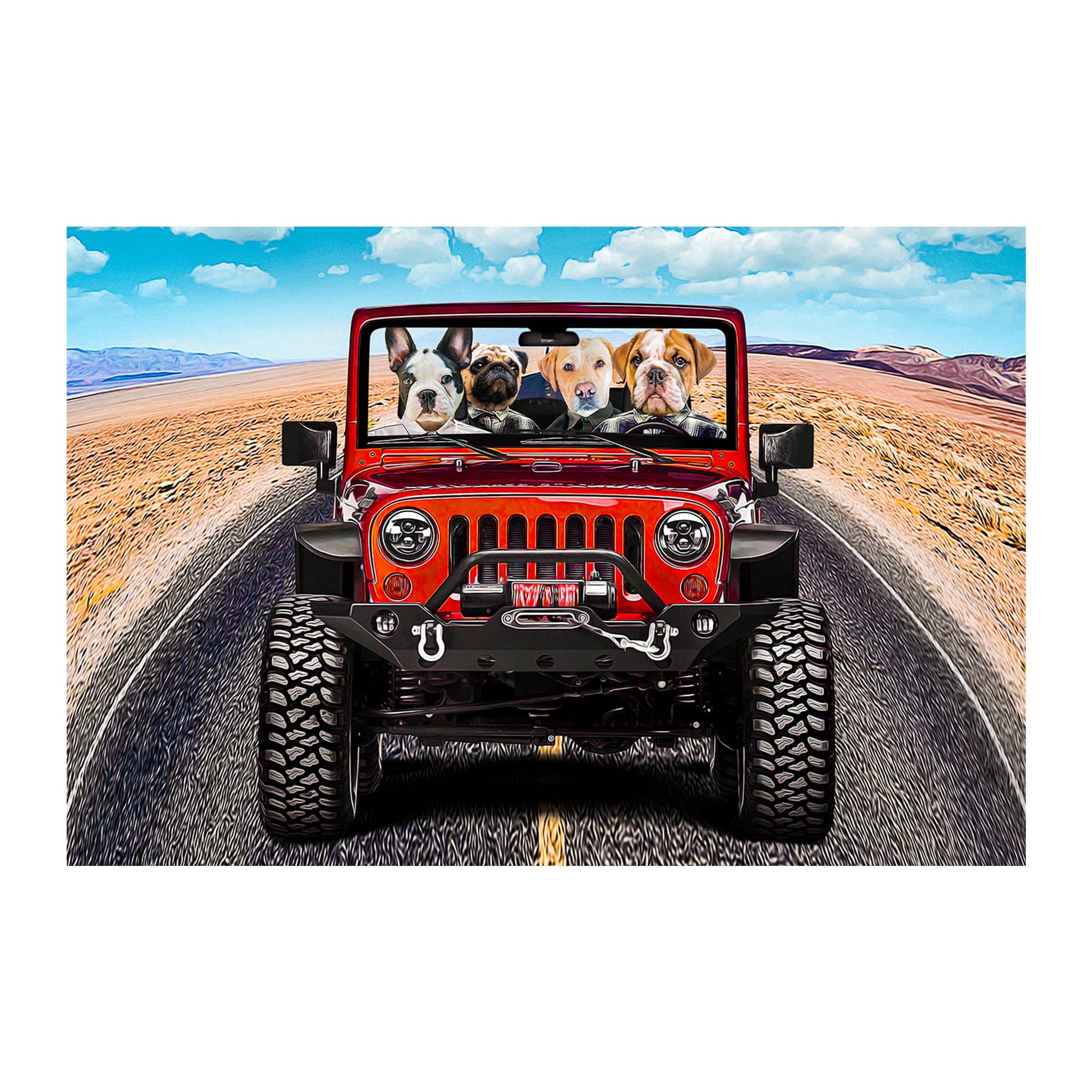 Personalized digital portrait of four pets in a red Jeep on a desert road.