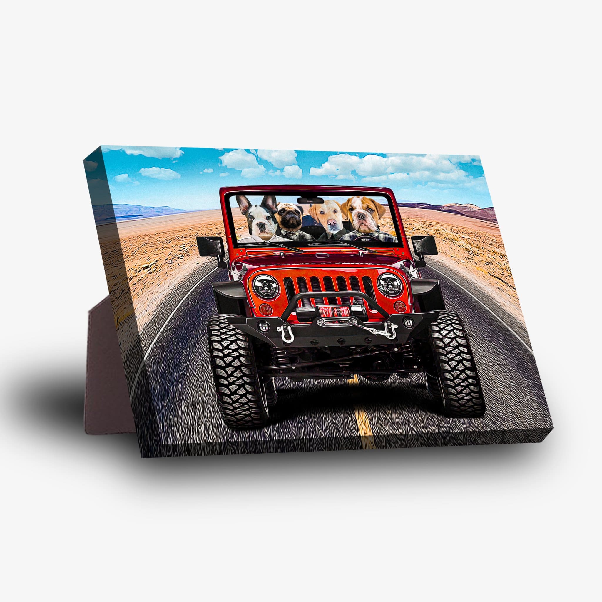 Personalized standing canvas featuring four pets in a red Jeep on a desert road, with a sturdy back stand.