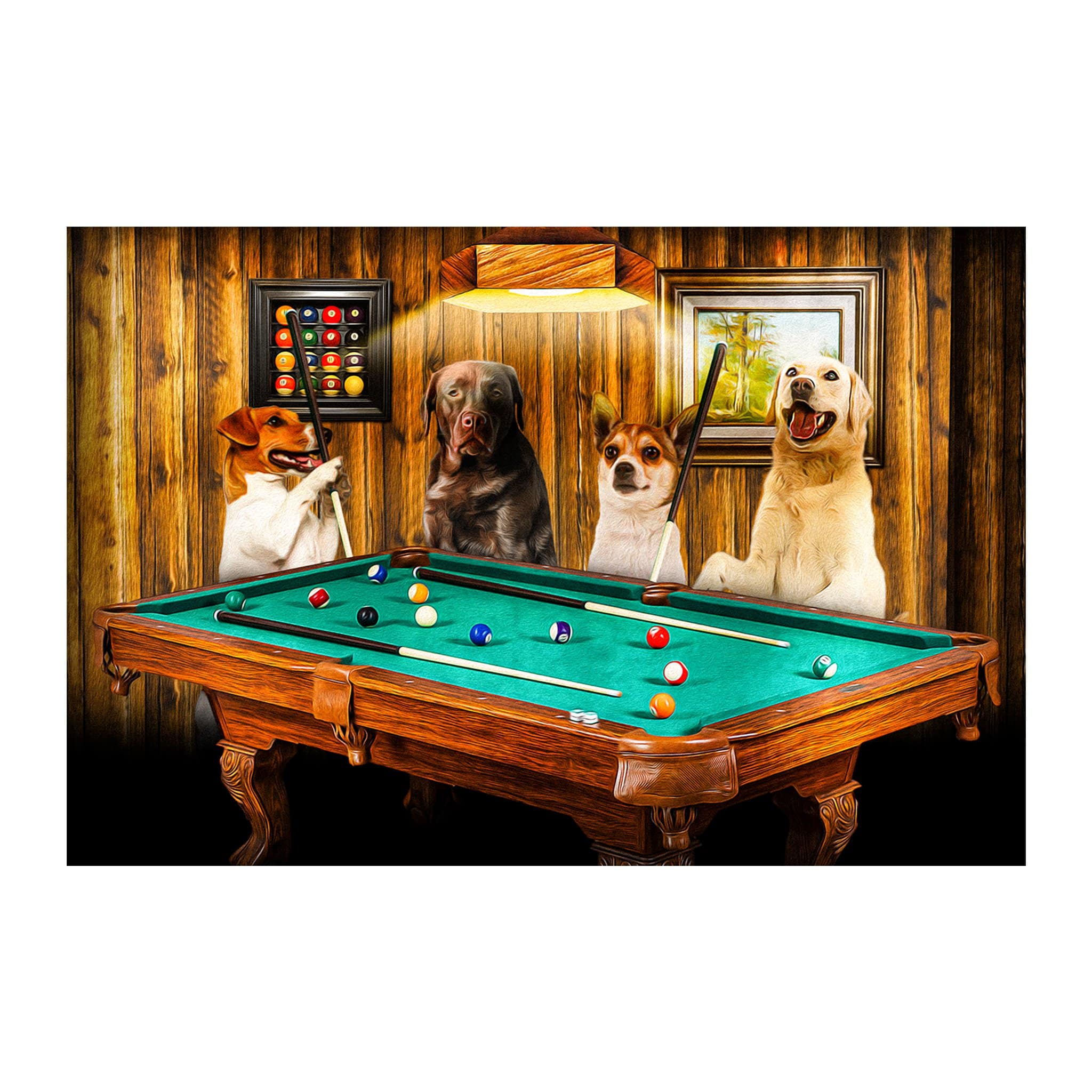 Retrato digital personalizado de 4 mascotas &#39;The Pool Players&#39;