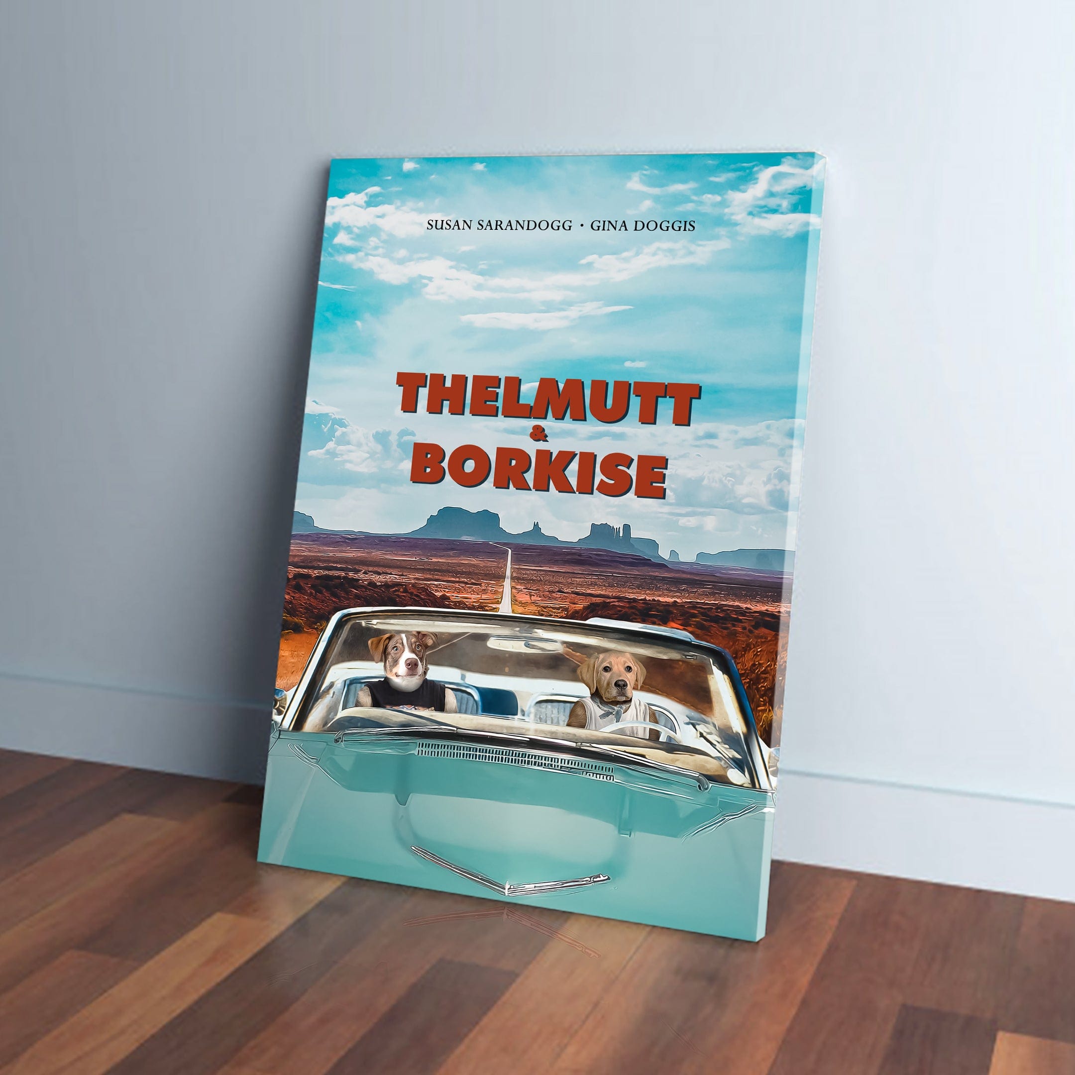 Personalized 'Thelmutt & Borkise' canvas featuring two dogs in a vintage car on a desert road.