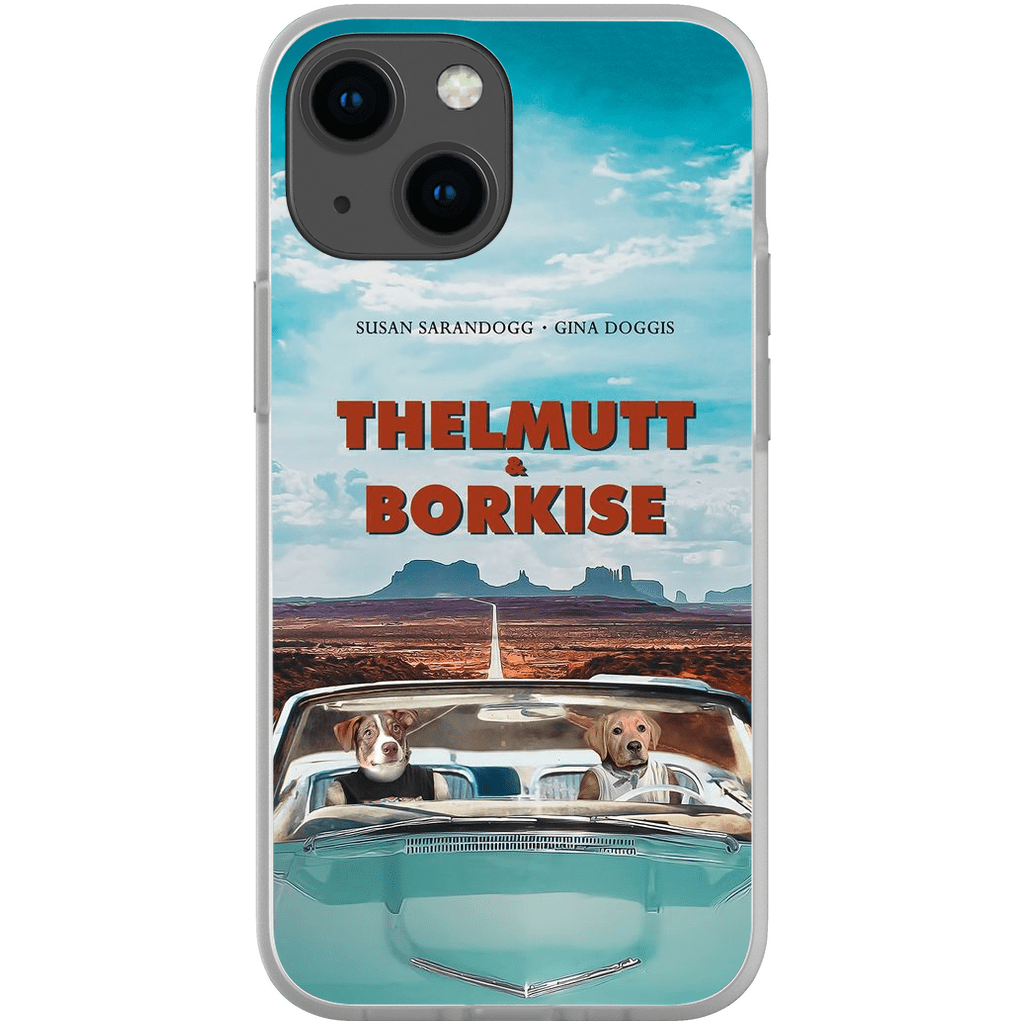 Personalized phone case with two dogs in a convertible, "Thelmutt & Borkise" movie poster style.