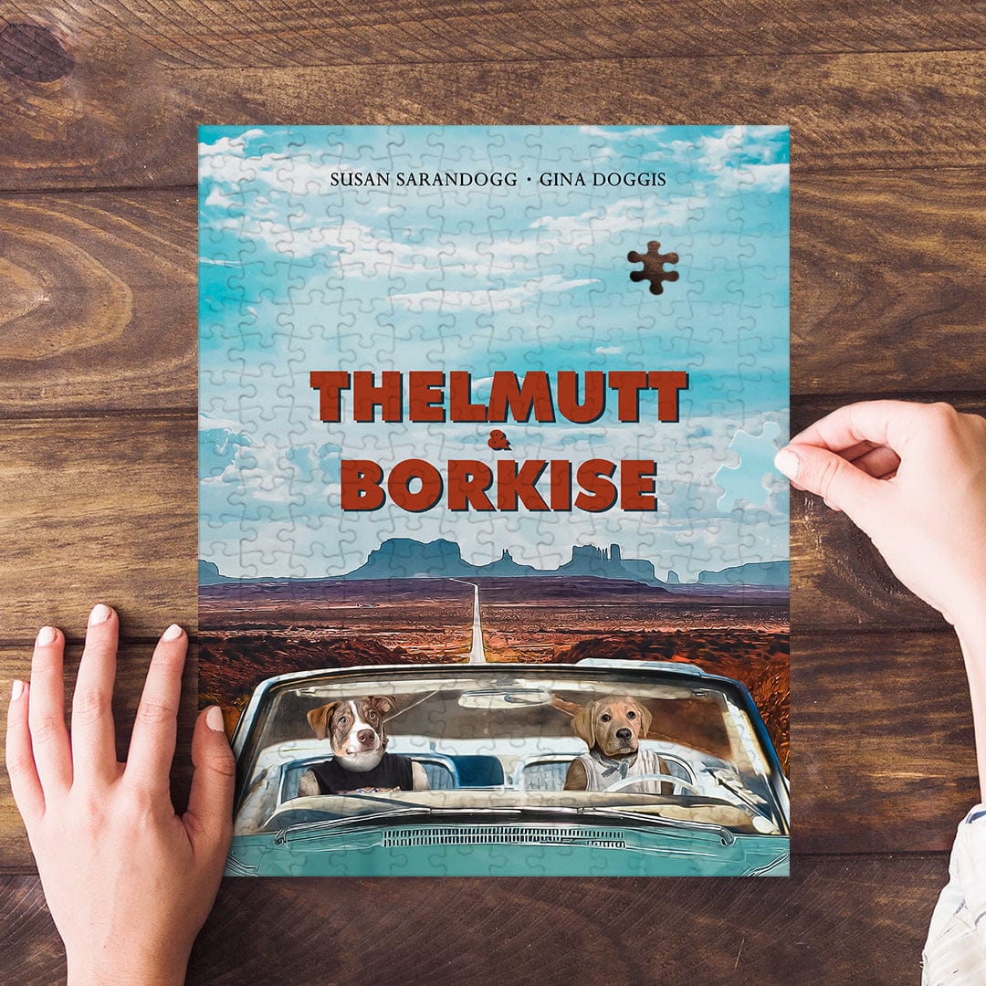 Personalized 2 pet puzzle featuring two dogs in a car, titled 'Thelmutt & Borkise', with a desert landscape.