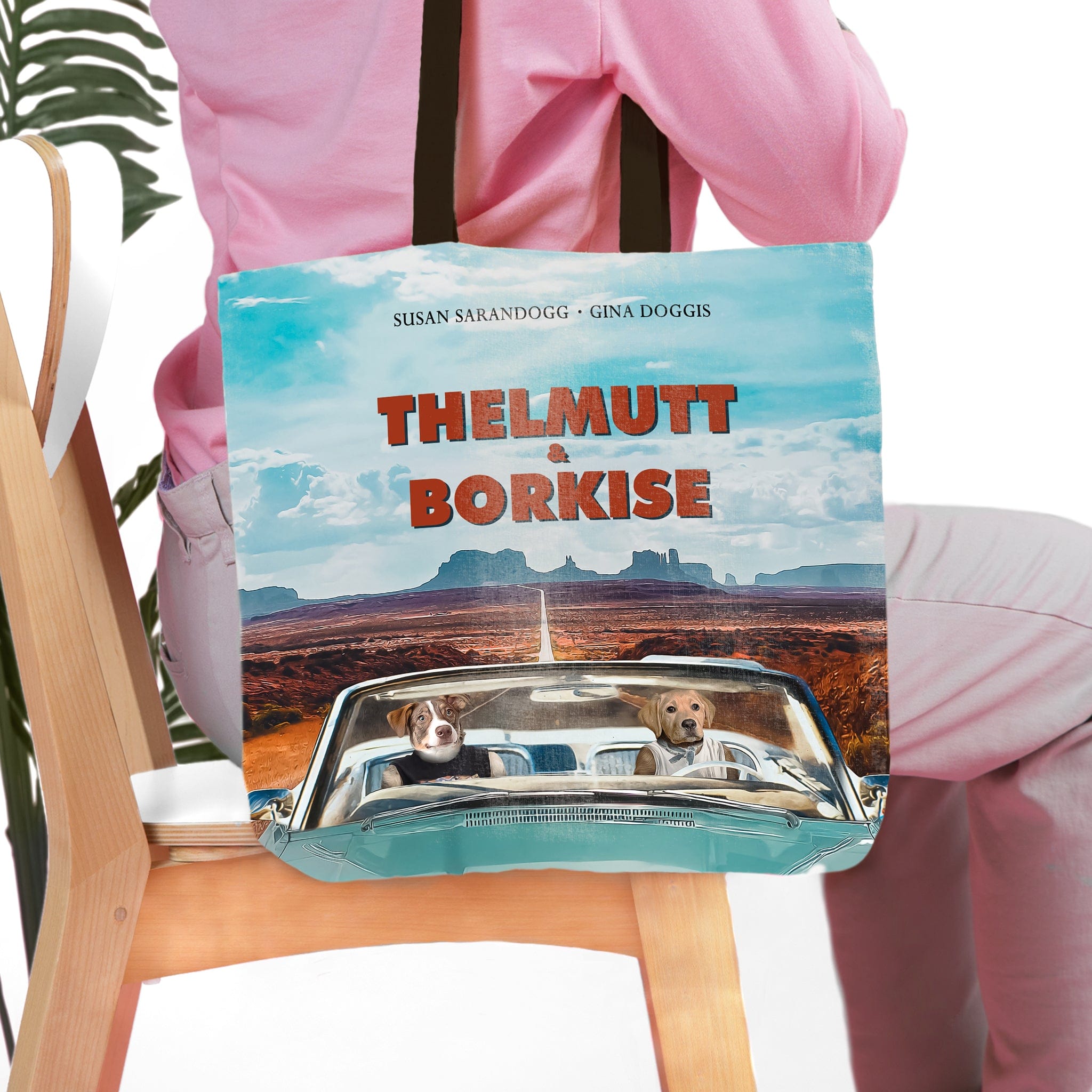 Personalized 2 pet tote bag with dog portraits in a car, desert landscape background.