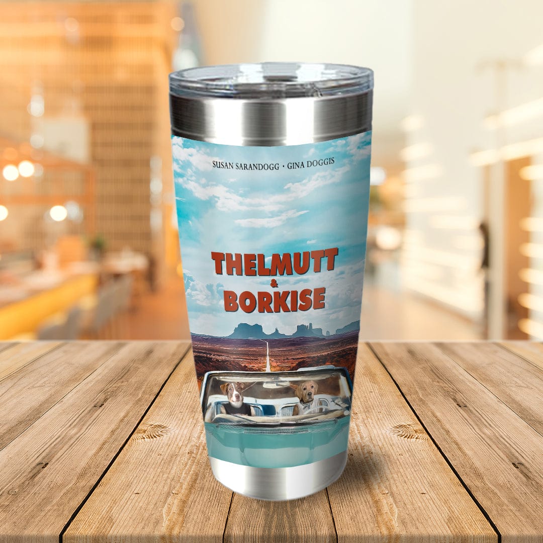 Personalized stainless steel tumbler with two dogs in a car, "Thelmutt and Borkise" design.