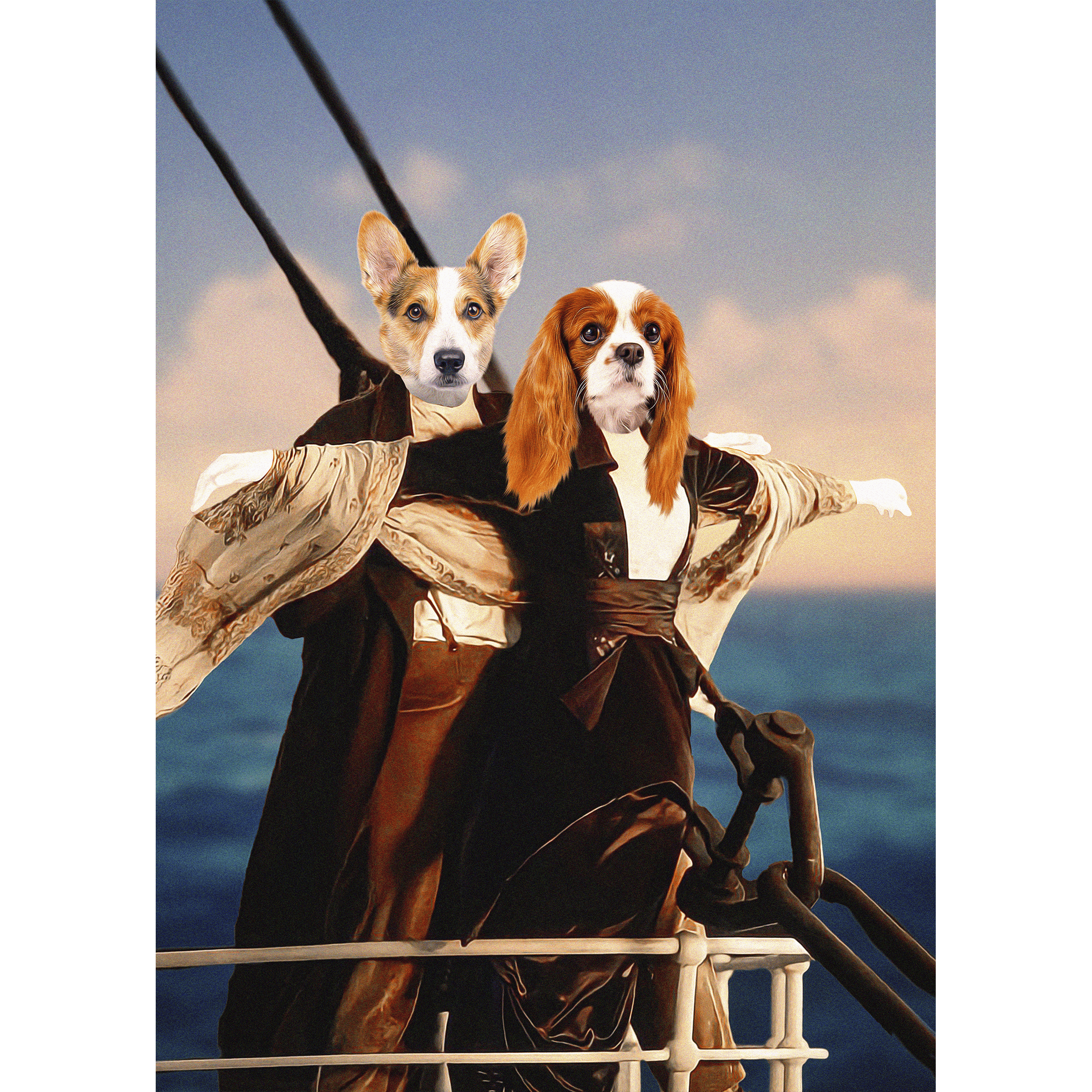 Custom digital portrait of two pets as Jack and Rose from Titanic.