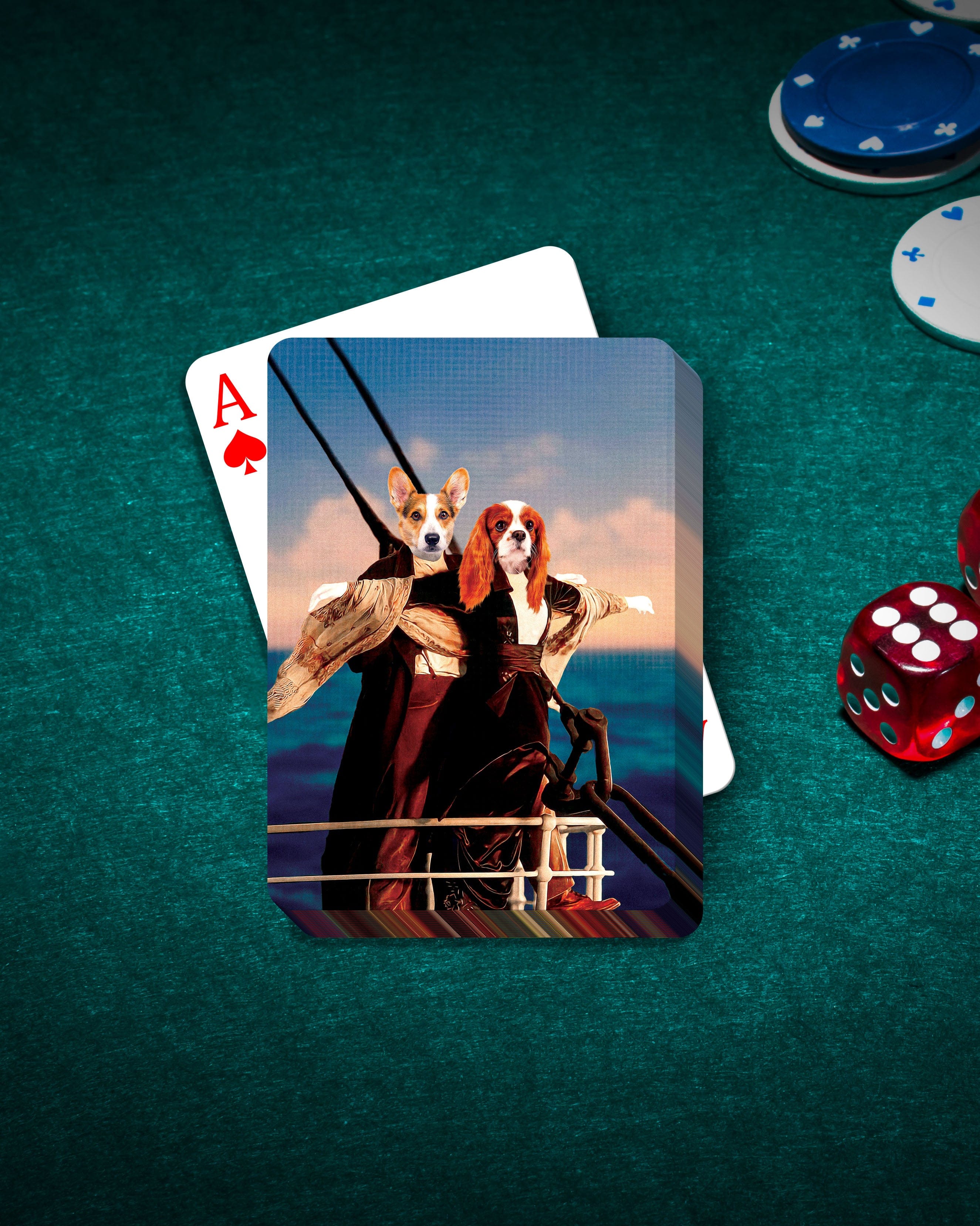 Personalized playing cards featuring two dogs in a Titanic-themed portrait on a green felt table with poker chips and dice.