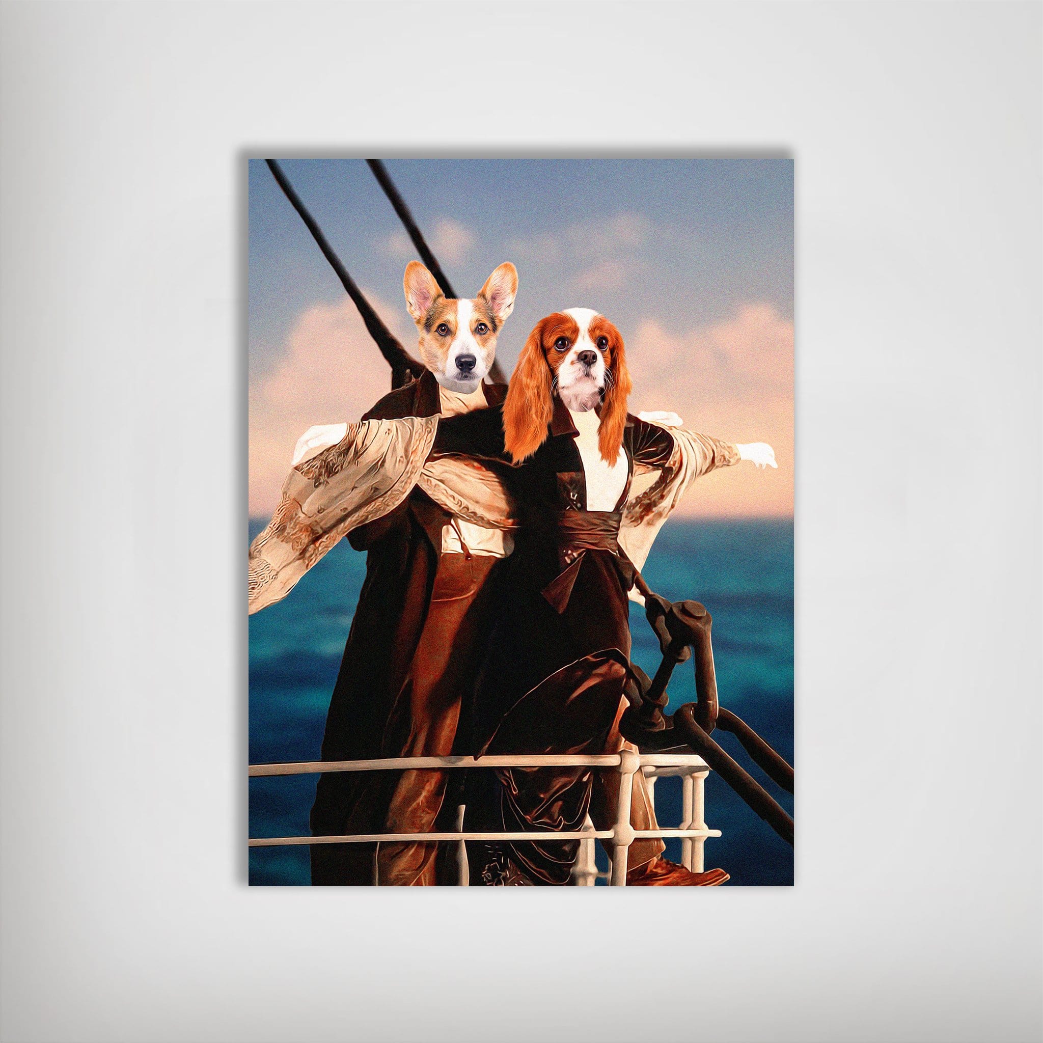 Personalized 'Titanic Doggos' poster featuring two pets, a Corgi and a Cavalier King Charles Spaniel, on a ship.