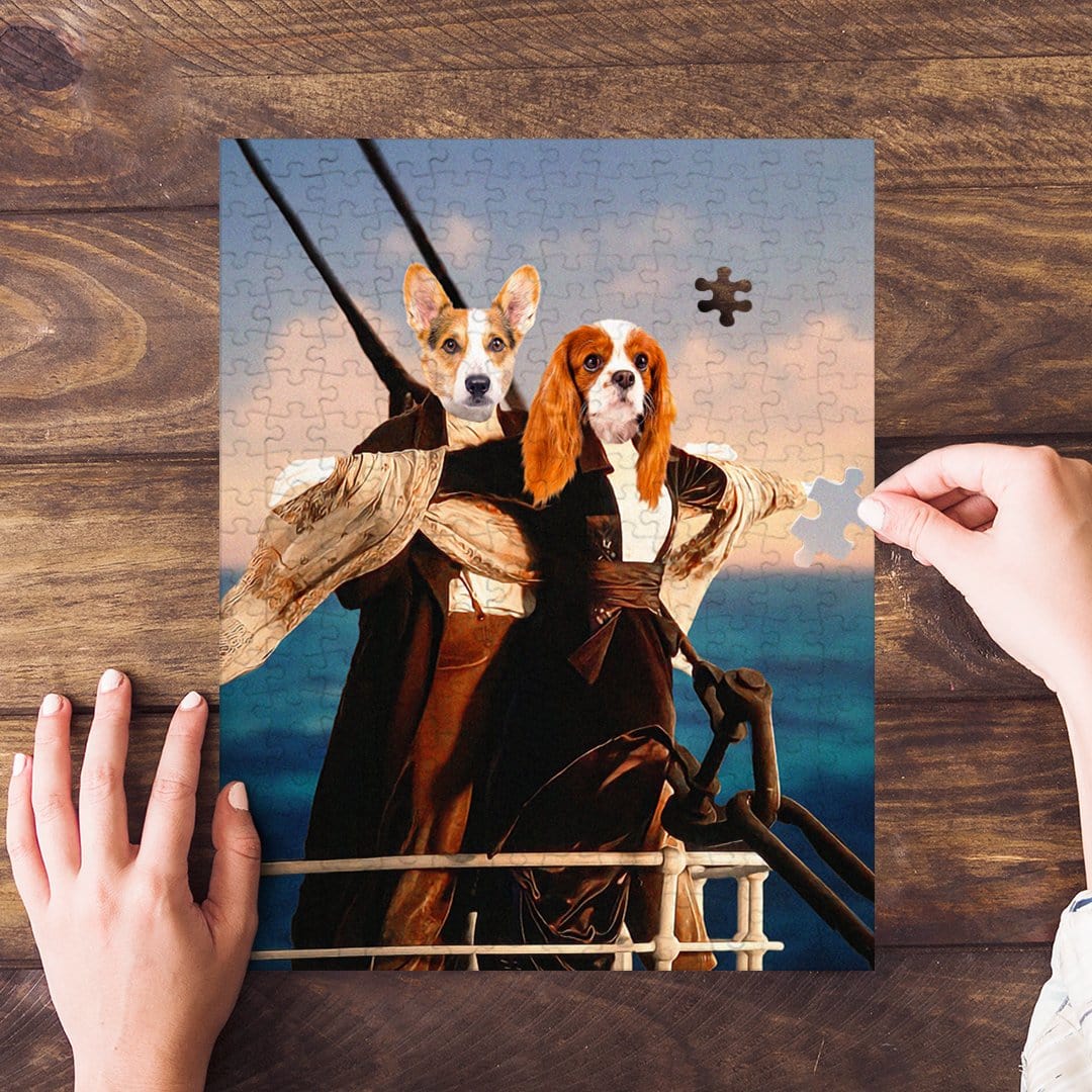 Personalized 2 pet puzzle featuring dogs in a Titanic-themed renaissance portrait style.