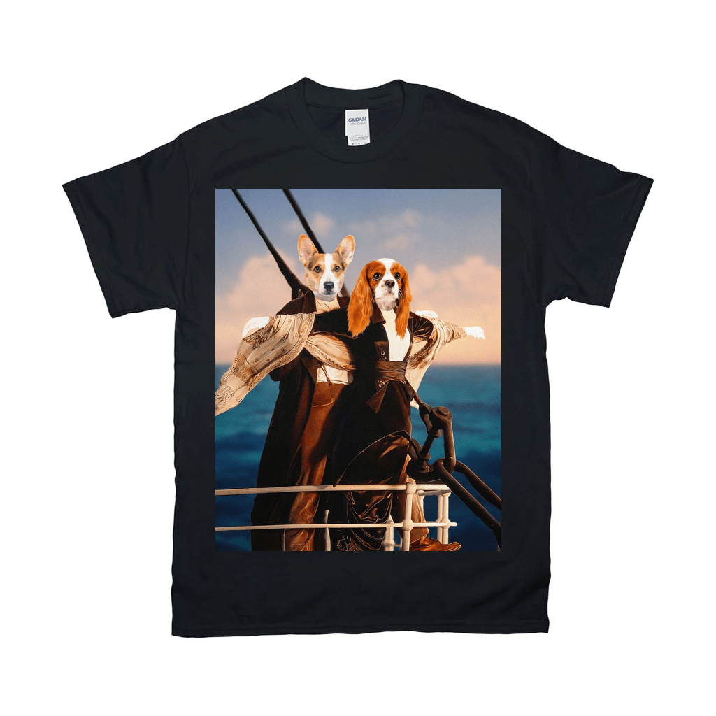 Black Gildan t-shirt featuring two dogs in Titanic costumes on a ship, personalized pet design.