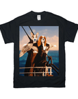 Black Gildan t-shirt featuring two dogs in Titanic costumes on a ship, personalized pet design.