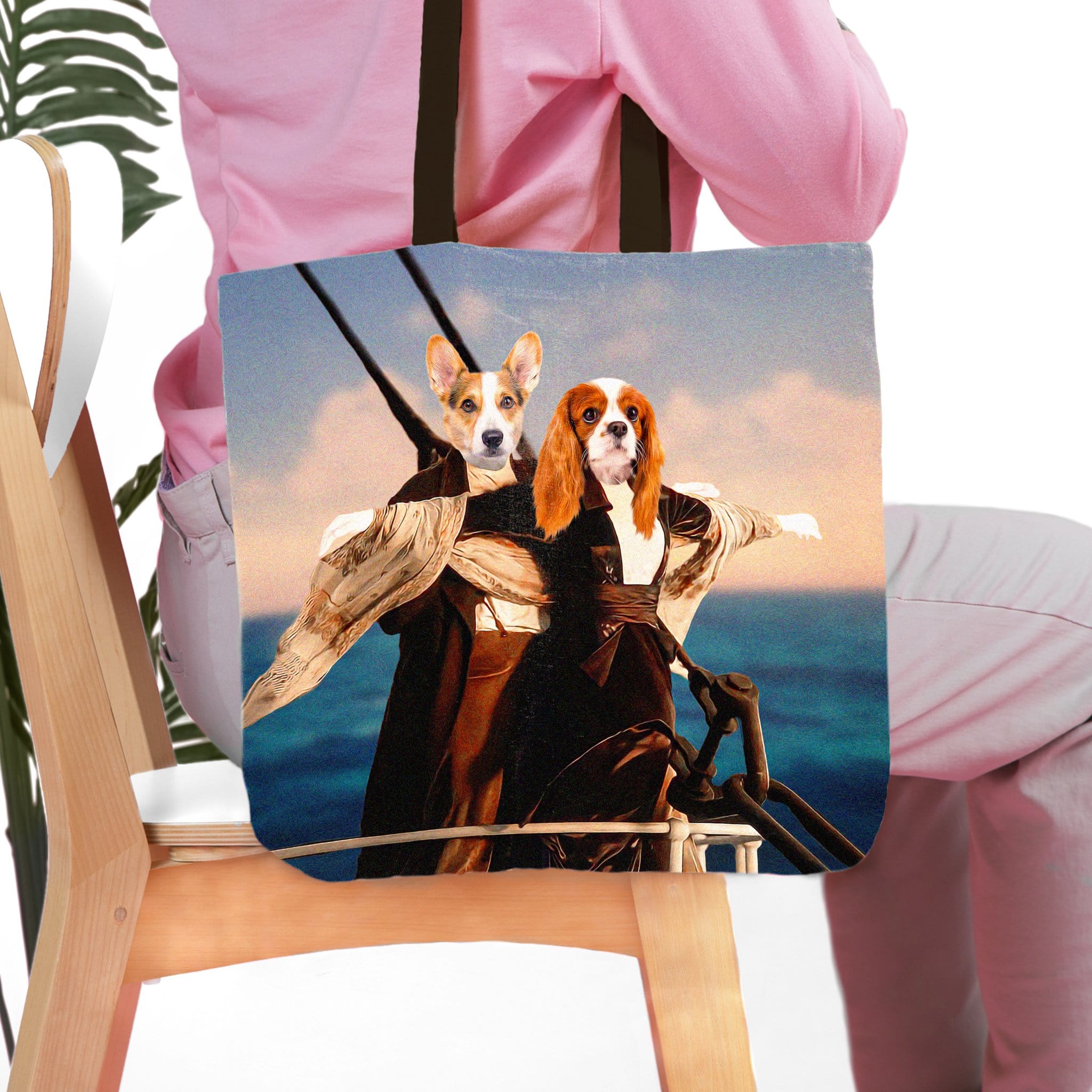 Personalized tote bag featuring two dogs in a Titanic-themed renaissance portrait style.