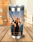 Personalized stainless steel tumbler with two dogs in a Titanic-themed portrait.