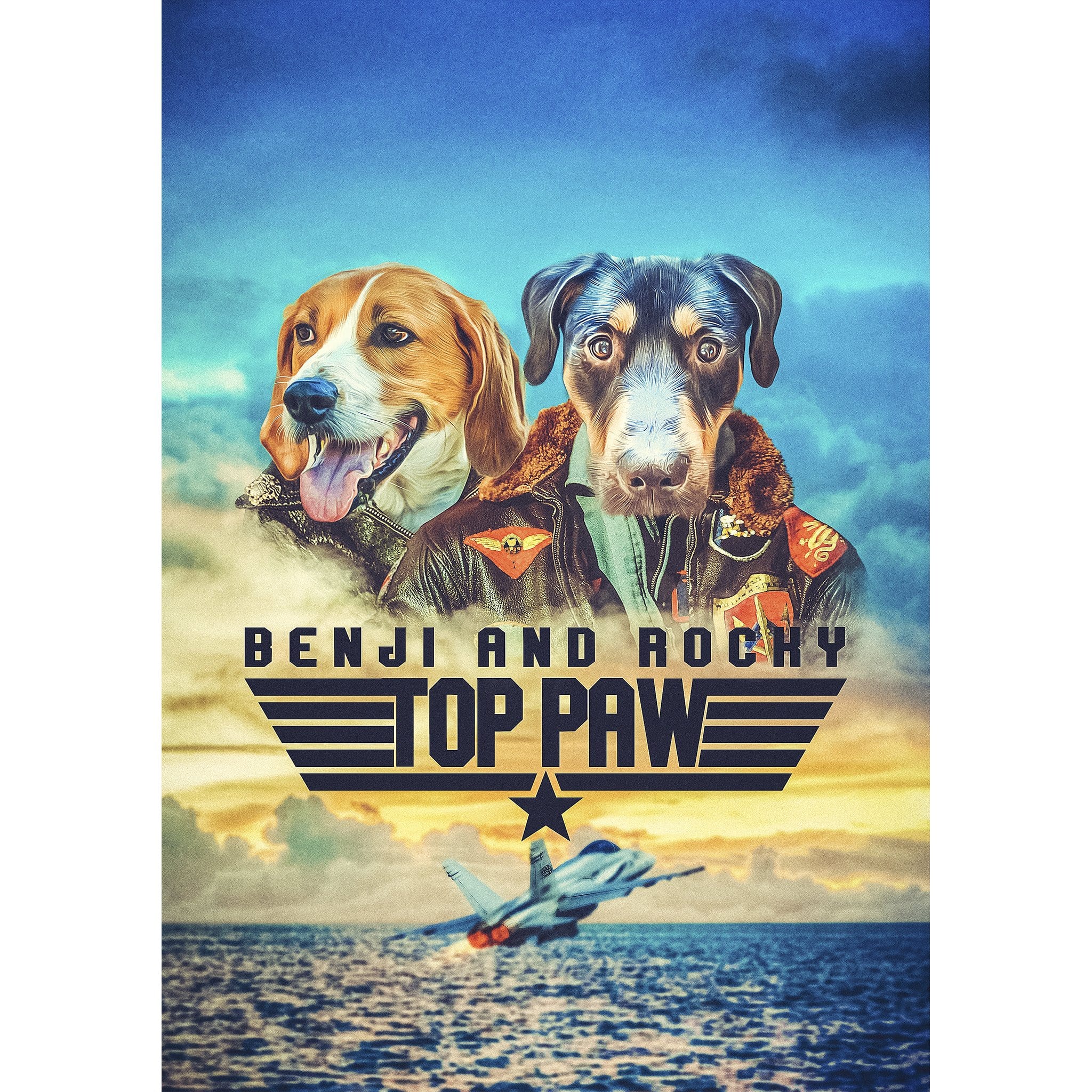 Personalized digital portrait of two dogs in pilot uniforms with "Top Paw" logo and jet.