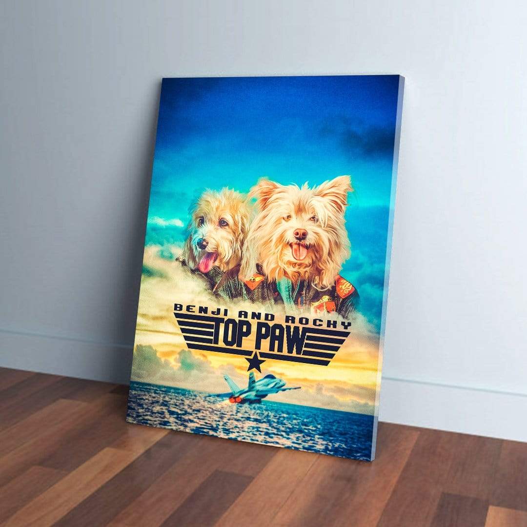 Personalized 'Top Paw' canvas featuring two dogs in pilot uniforms against a blue sky and ocean.