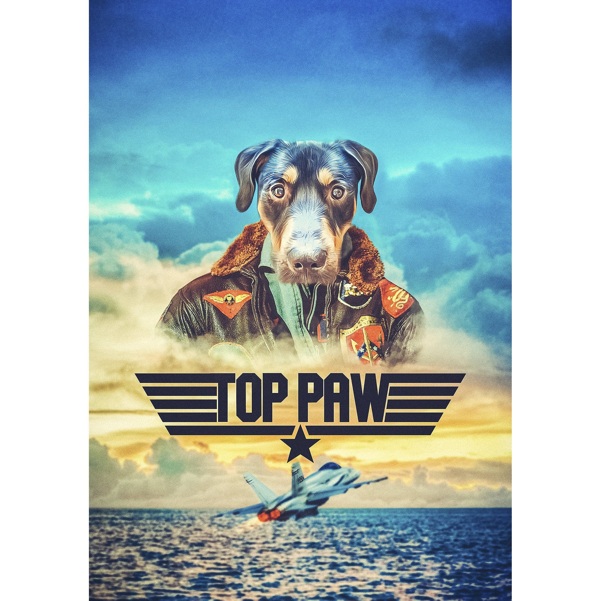 Custom digital portrait of a dog in a pilot's uniform, "Top Paw" text, and a jet over the ocean.